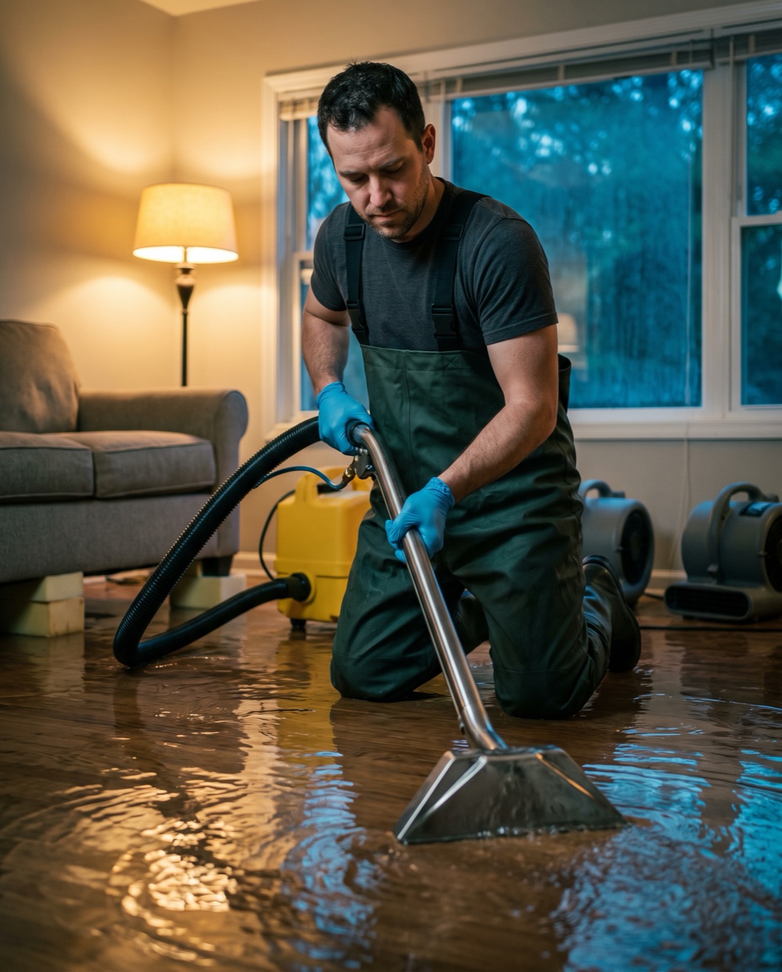 A restoration technician mid-extraction in a flooded living room, both hands on the wand, unable to answer his phone